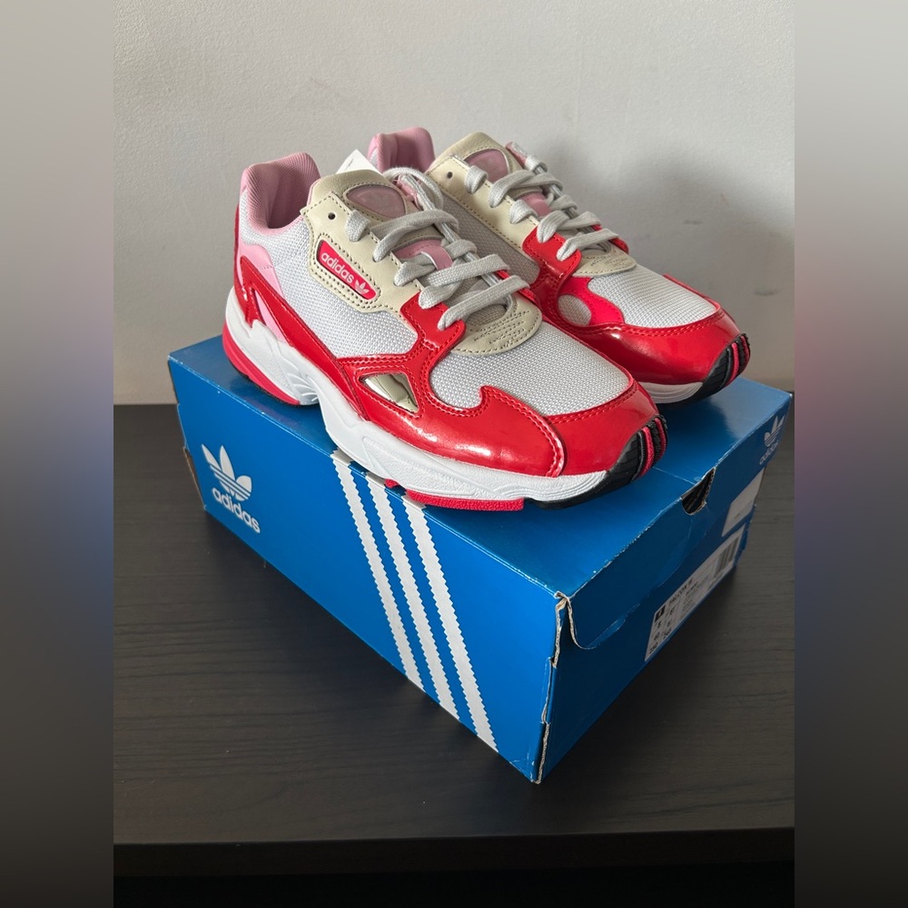 Adidas Red and White Falcon Sneakers